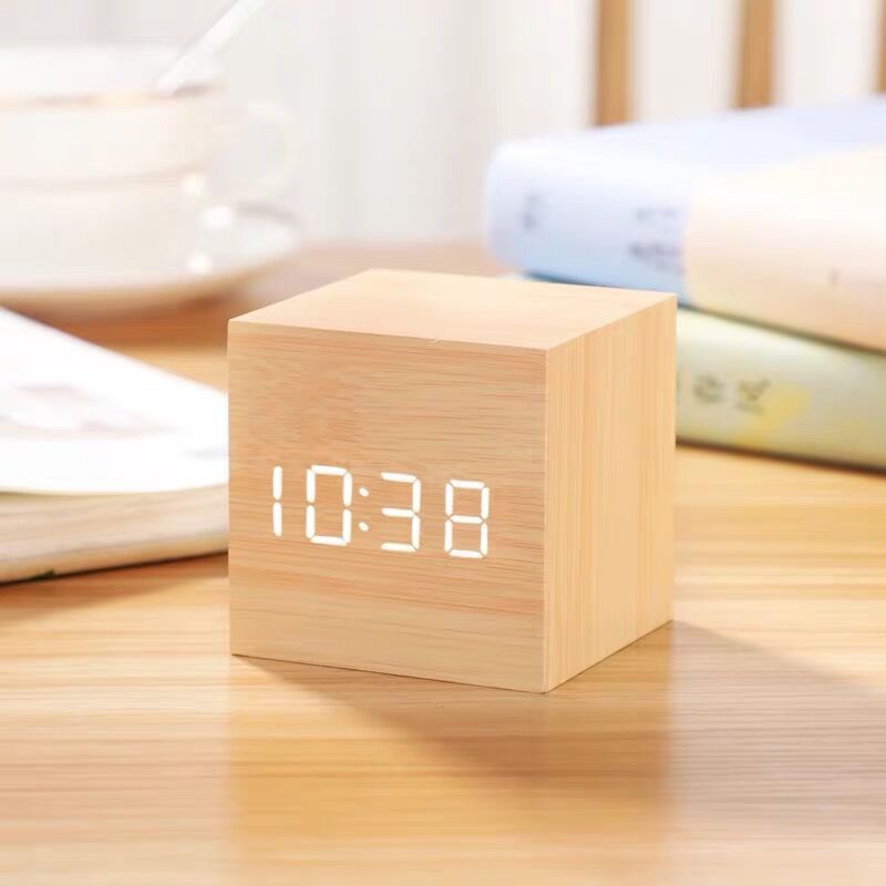 Wooden Alarm Clock LED Digital Clock Night Light Thermometer Wooden Clock Multifunctional Silent LED Alarm Clock