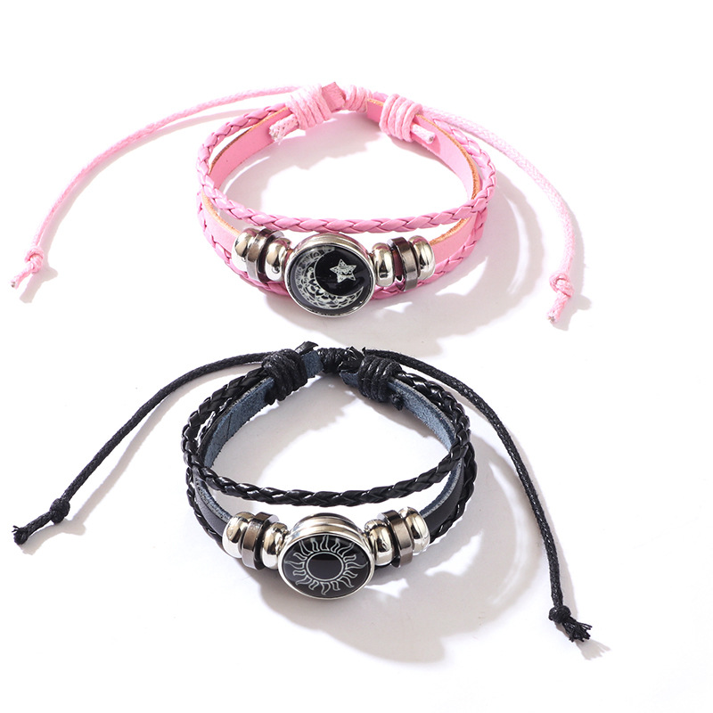 Sun and Moon Lovers Time Leather Bracelet Punk Multi-layer Beaded Woven Bracelet Couple Gift