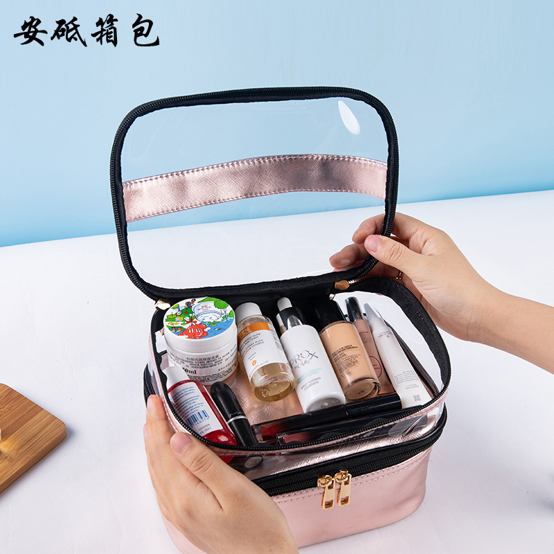 New Metal Transparent Double-Layer Cosmetic Bag Multifunctional Handheld Waterproof Toiletry Bag Storage Bag
