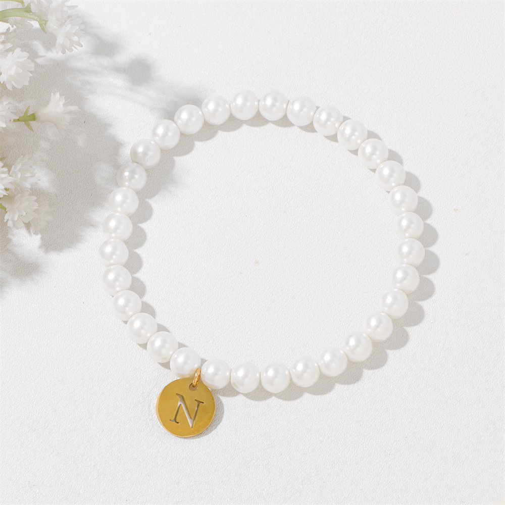 Stainless steel letter pendant bracelet imitation pearl 6mm beads bridesmaid gift best friend friendship bracelet