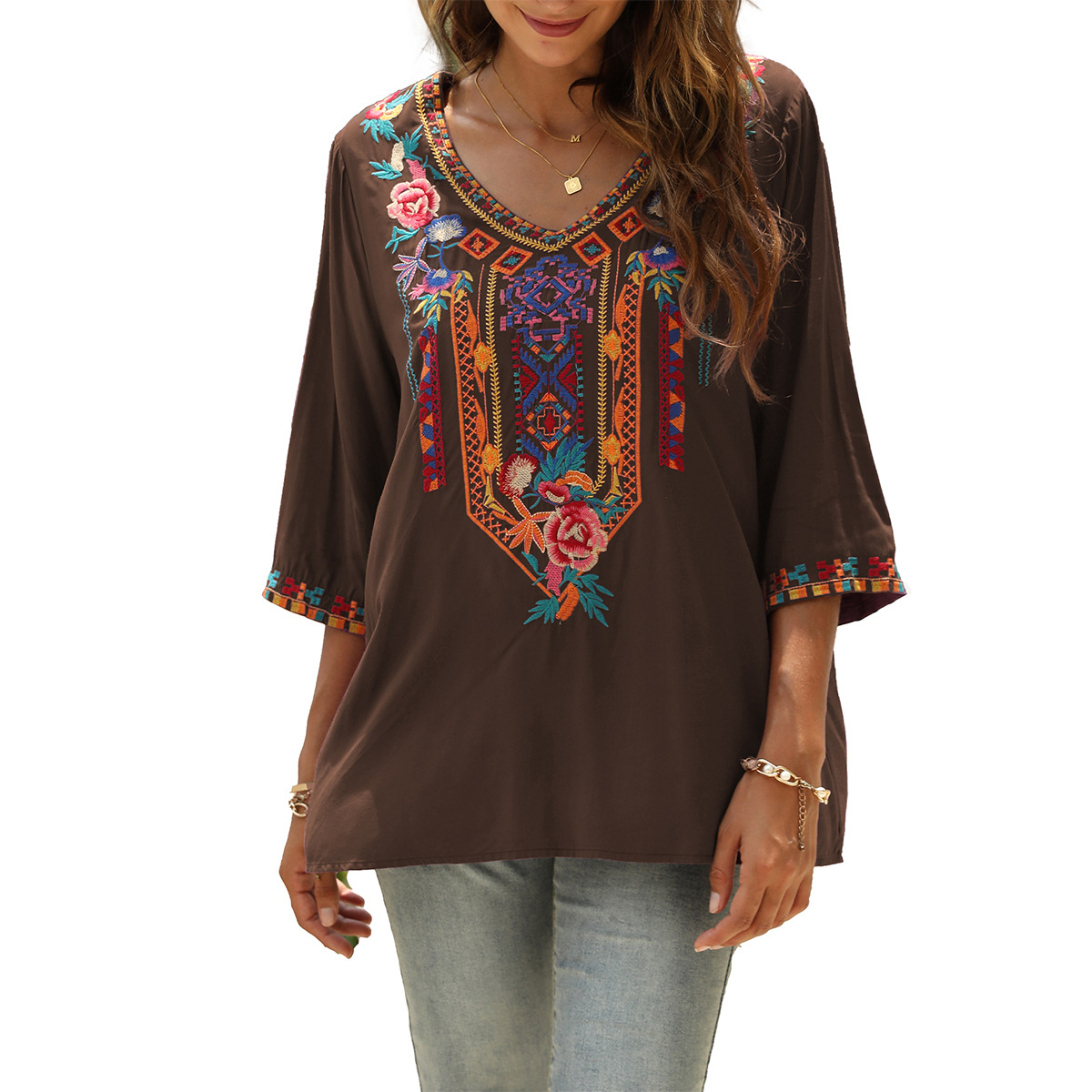 Women's heavy embroidery V-neck seven-point sleeve loose shirt #328