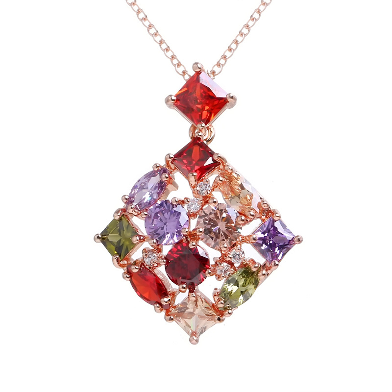 Mona Lisa square pendant necklace copper set colorful zircon gorgeous jewelry