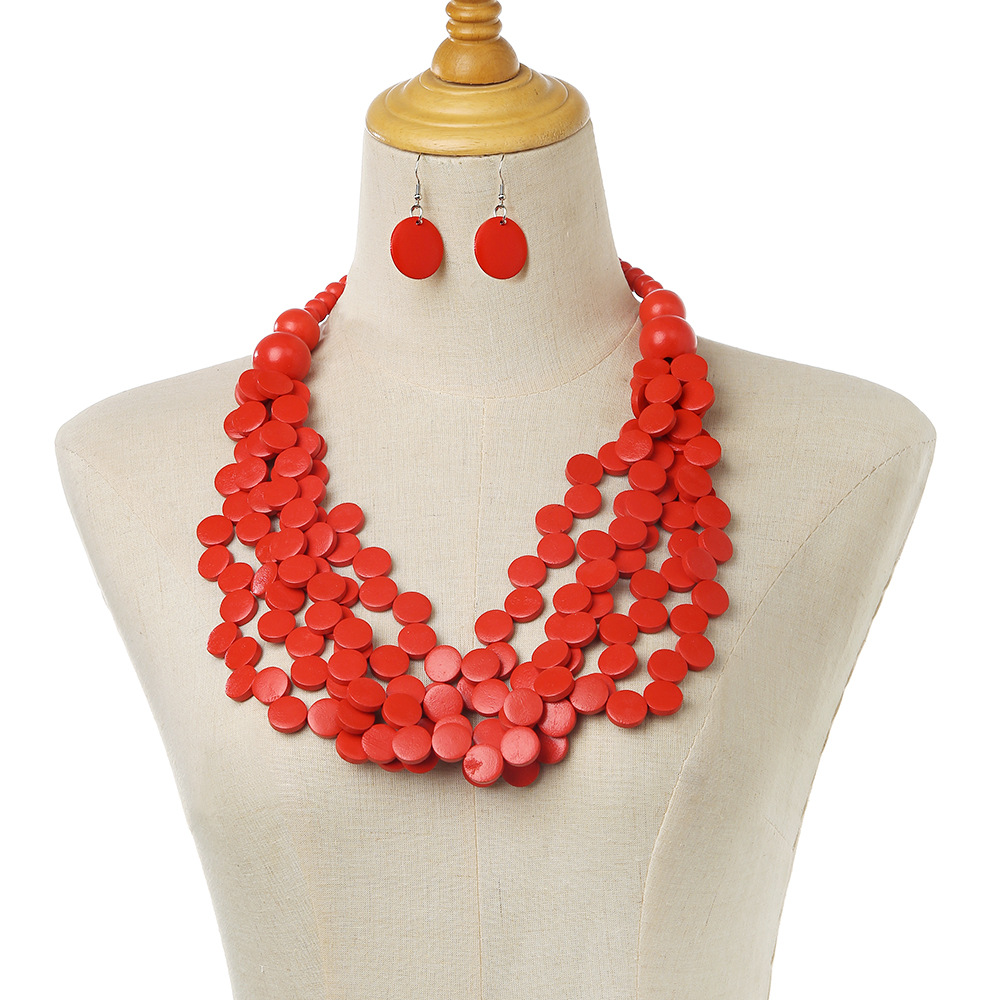 Ethnic style irregular wooden pieces bead multi-layer necklace and earring set sweater chain banquet accessories necklace