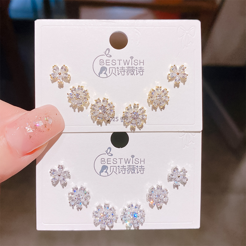 2026 new exquisite fire flower zircon small earrings three pairs, women's silver needle earring accessories set