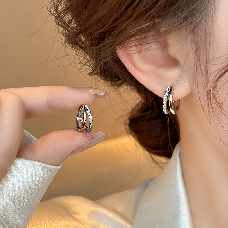 Simple Silver Rhinestone Double Layer Ear Cuff for Women Niche Earrings Exquisite Circle Earrings Accessories Wholesale