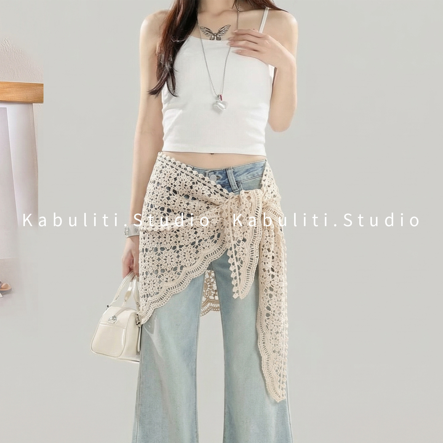 Lace hip skirt, niche style belt new girl waist scarf, hollow small triangle scarf shawl