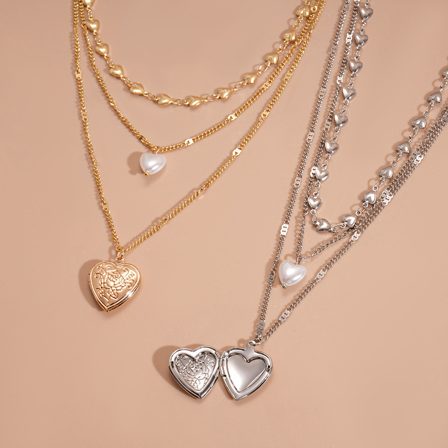 Imitation Pearl Heart Print Three-Layer Layered Chain Necklace for Women