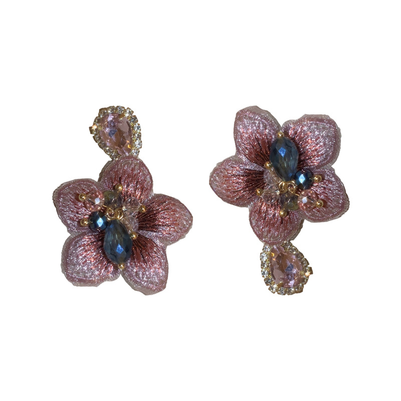 Silver Needle Asymmetric Crystal Fabric Flower Drop Earrings Elegant Earrings for Women