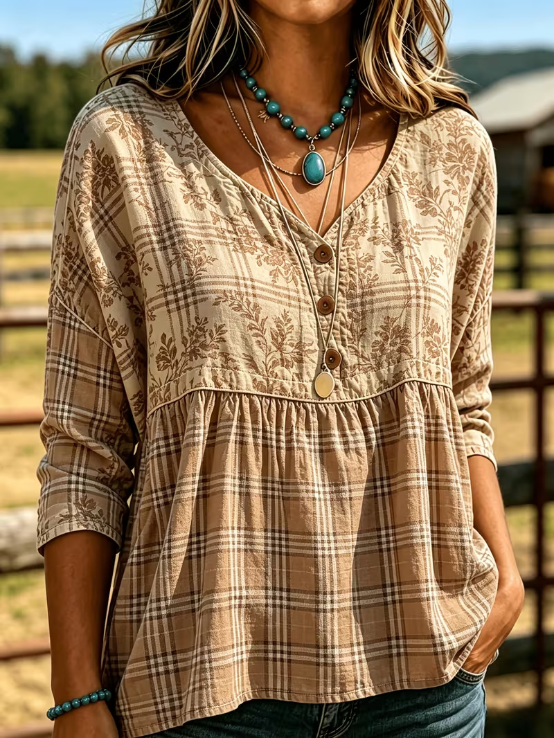 2026 Independent Station Summer Women's Button Ethnic Floral Print Three-Quarter Sleeve Shirt