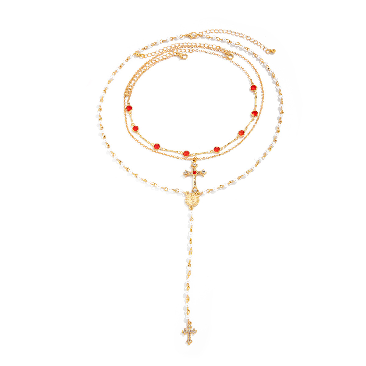 Hip-hop rhinestone cross pendant necklace faux pearl chain layered neck ornament for women