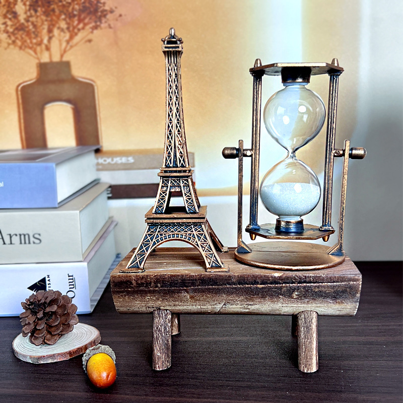1047 Iron Tower Hourglass Ornament Simple Modern Home Study Wooden Base Hourglass Ornament