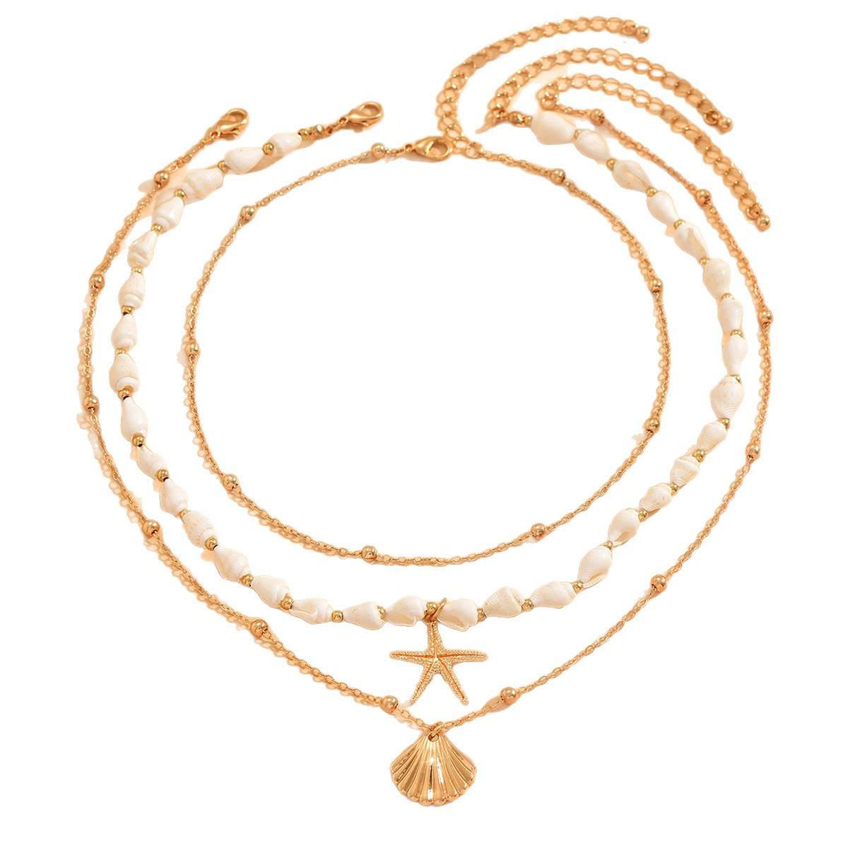 Ocean Vacation Style Starfish Scallop Shell Pendant Necklace Multi-layer Stacking Metal Chain Necklace