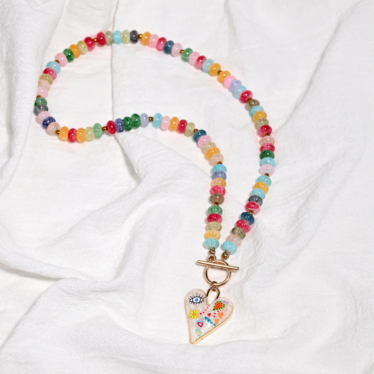 Accessories Mixed Color Glass Bead Necklace for Women Heart Pendant Handmade Bead Choker Necklace