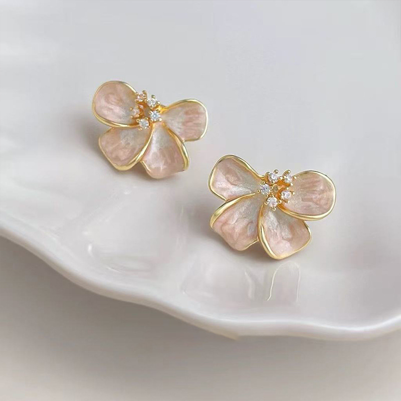 Spring and summer new pink enamel flower earrings pure silver needle unique earrings women niche ear accessories