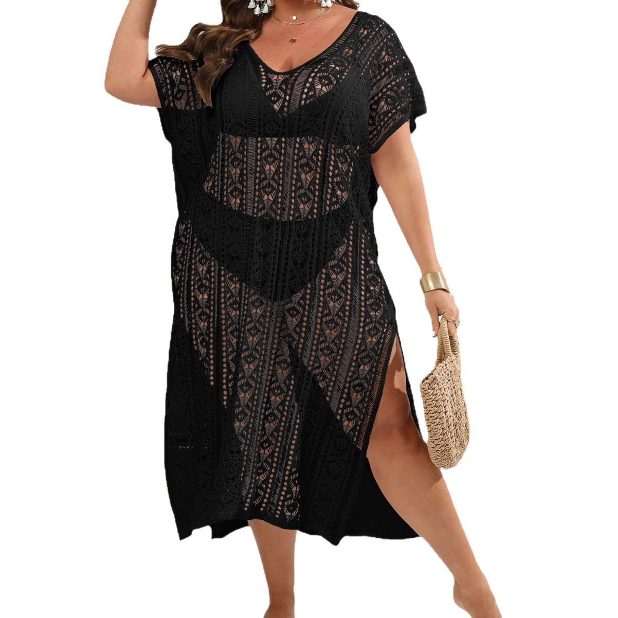 Women's Cover-Up Machine-Knitted Deep V Beach Bikini Cover-Up Vacation Dress 862
