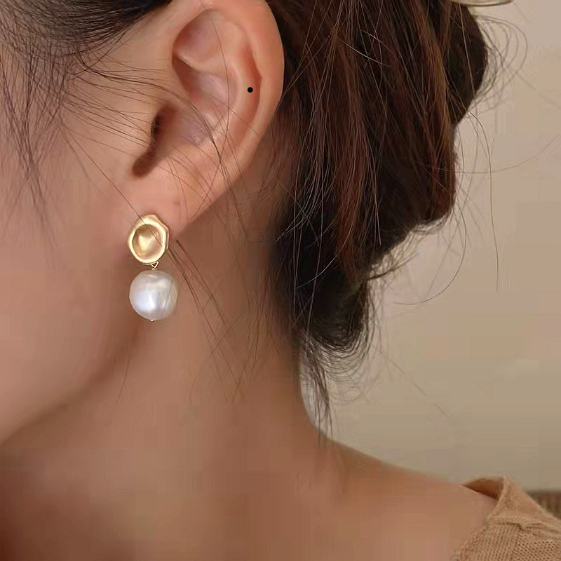 Baroque irregular freshwater pearl silver-plated needle handmade design matte earrings for women