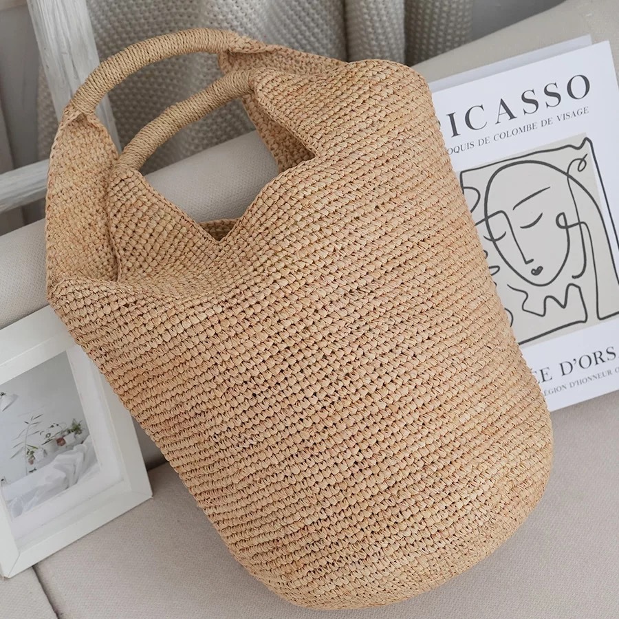 2026 New Raffia Woven Bag Handmade Straw Bag Beach Vacation Beach Bag Handheld Tote Bag
