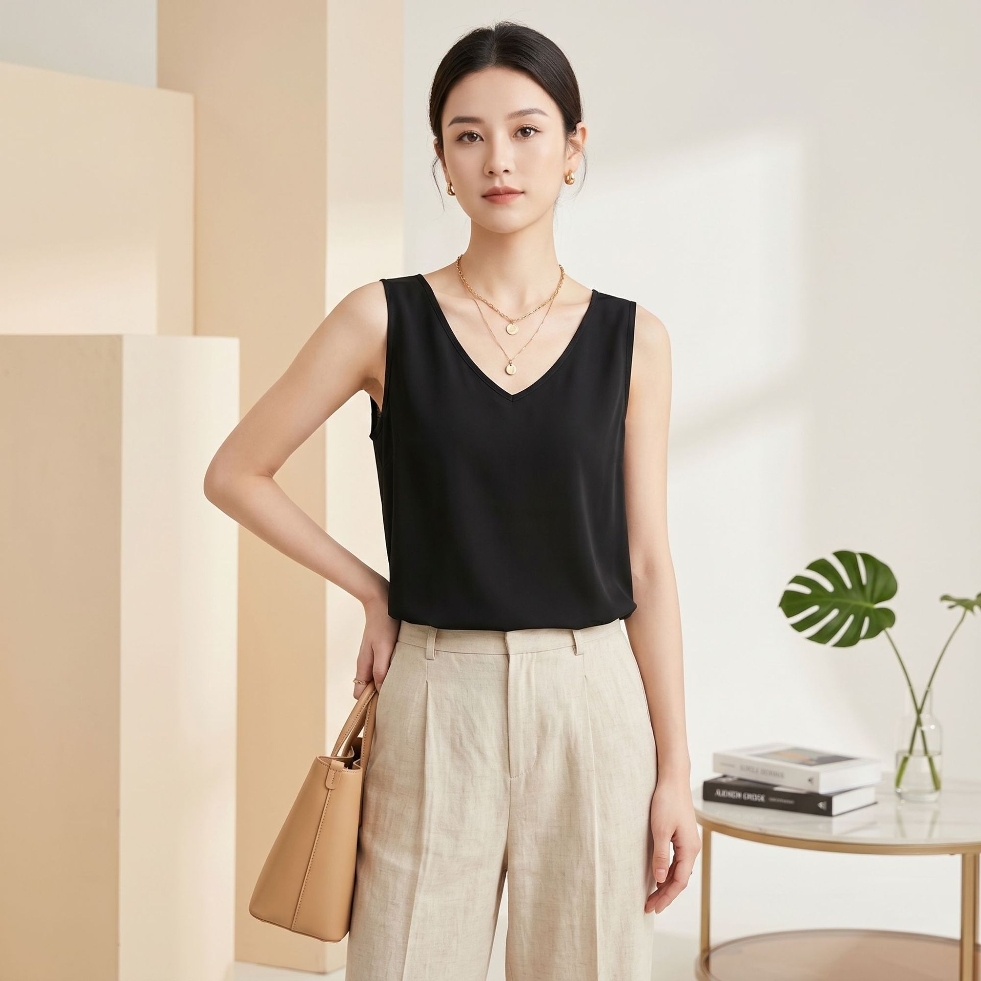 New Sandwashed Double Crepe Silk Vest for Women Casual Inner Wear Pullover Base Layer Loose Mulberry Silk Sleeveless V-Neck Top
