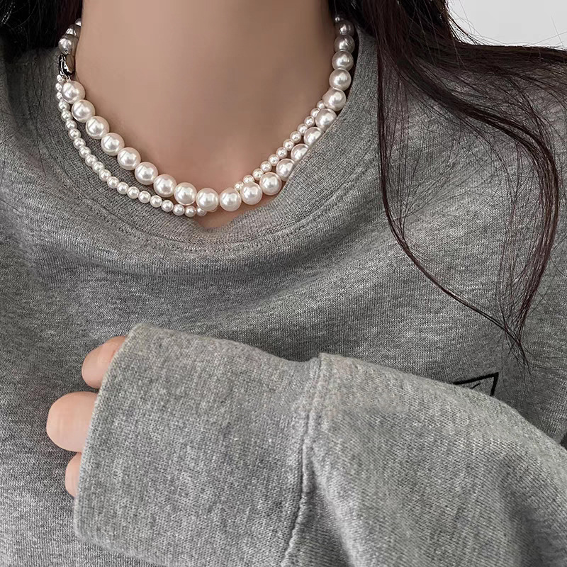 Swarovski Pearl Necklace for Women, Small Design Simple Clavicle Chain, Buckle Button, Sweater Chain