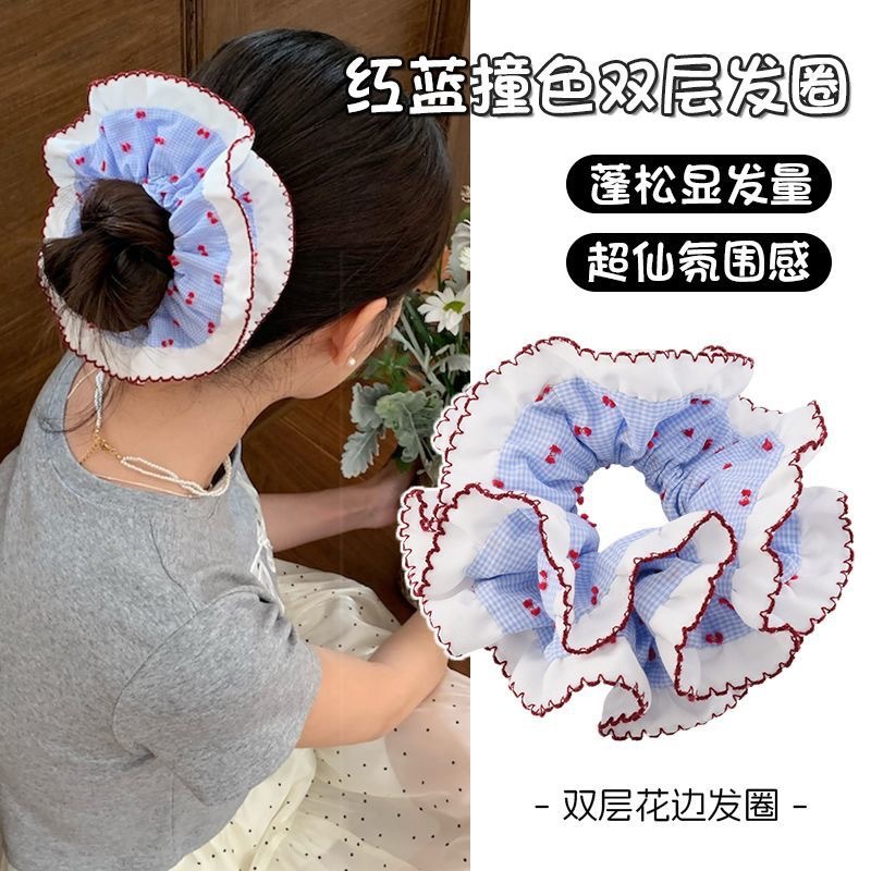 58#蓝色格子红线波点撞色花边约16cm