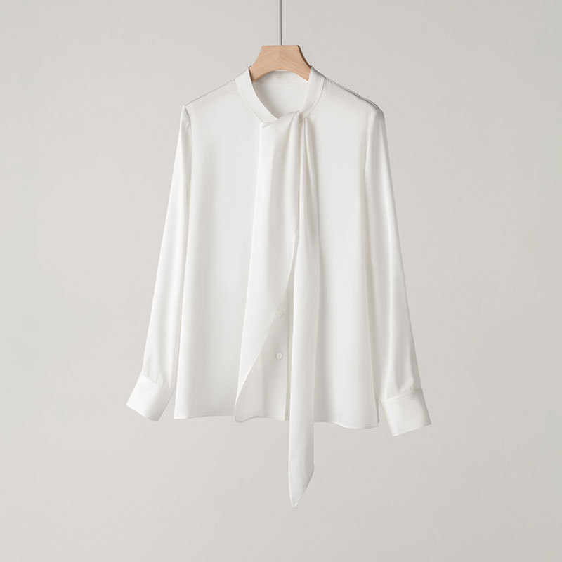 New Silk Blouse for Women Spring Long Sleeve Tie Mulberry Silk Shirt Mid-Length Solid Color Top