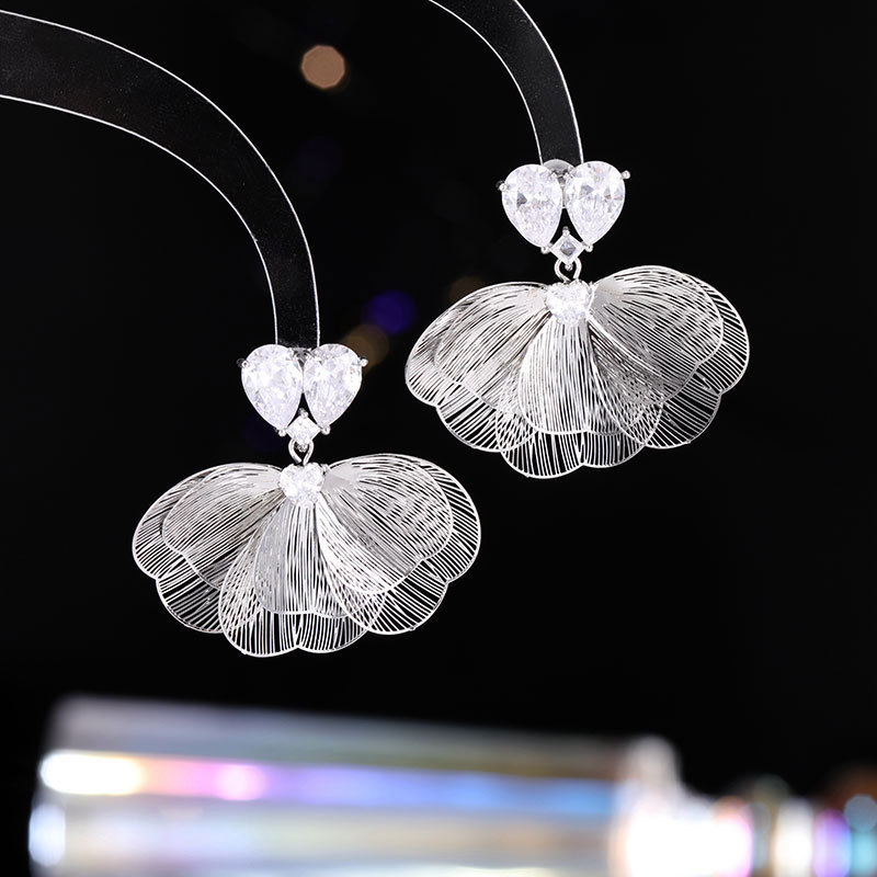s925 Silver Needle Super Fairy Wire-Drawn Large Petal Zircon Earrings Back-Hanging Earrings
