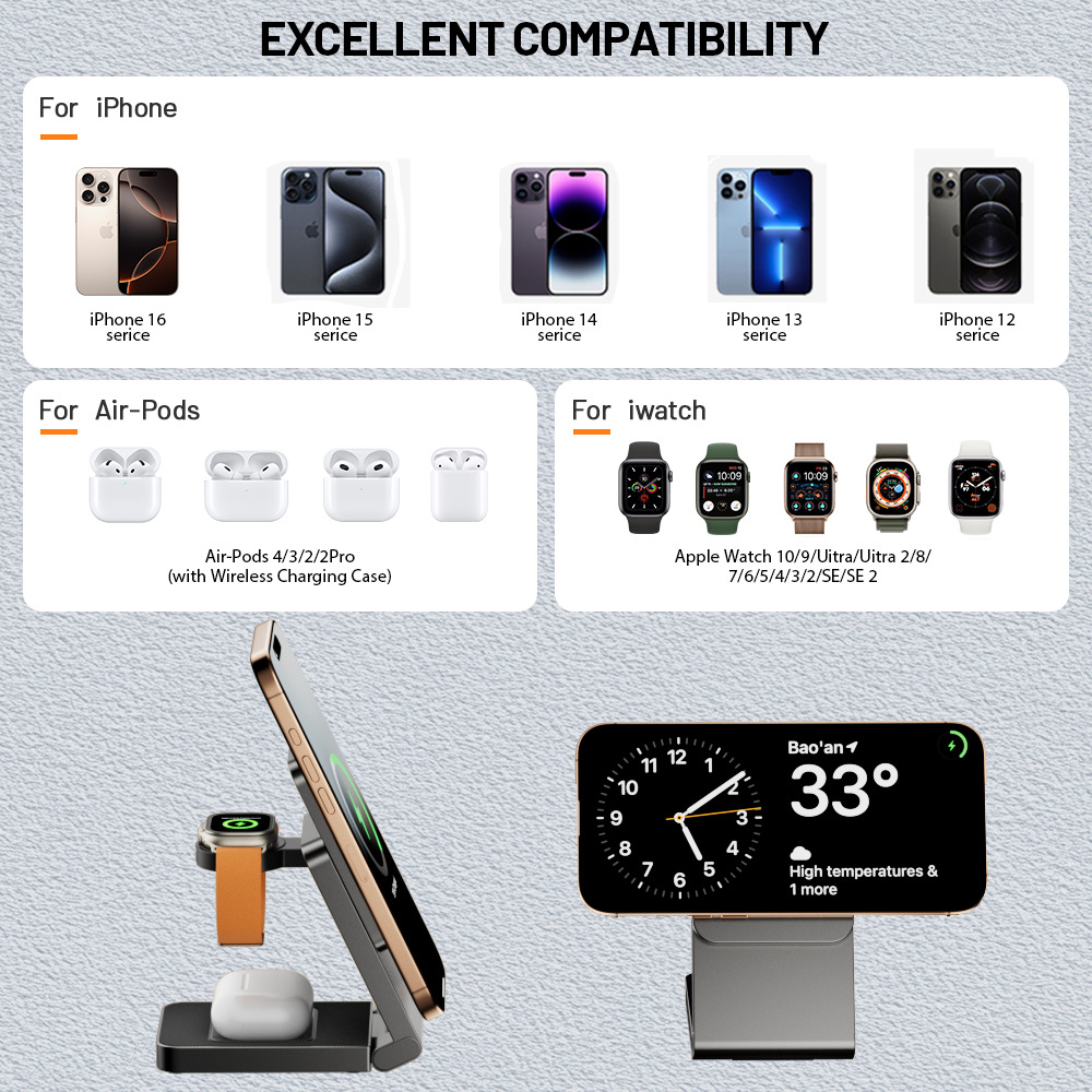 Industry First 25W Sliding Foldable QI2.2 3-in-1 Magnetic Wireless Charger Bracket Suitable for Apple Phones