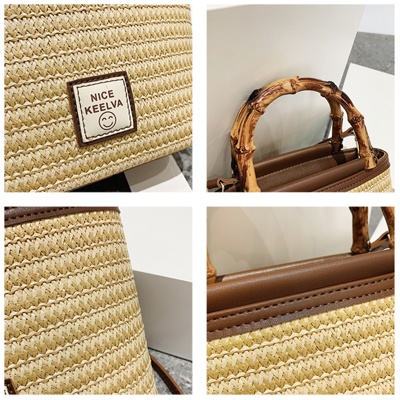 2024 Summer New Textured Bamboo Handle Woven Bag Thailand Travel Vacation Crossbody Straw Bag
