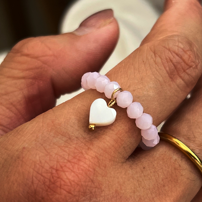 Rongshang Niche Love Heart Shell Ring Crystal Beaded Index Ring for Women Accessory