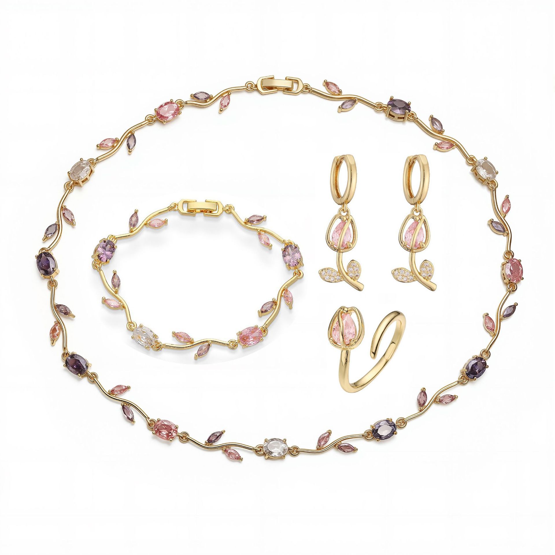 Copper Inlaid Colorful Diamond Tulip Bracelet, Necklace Unique Super Shiny Branch and Flower Jewelry Set