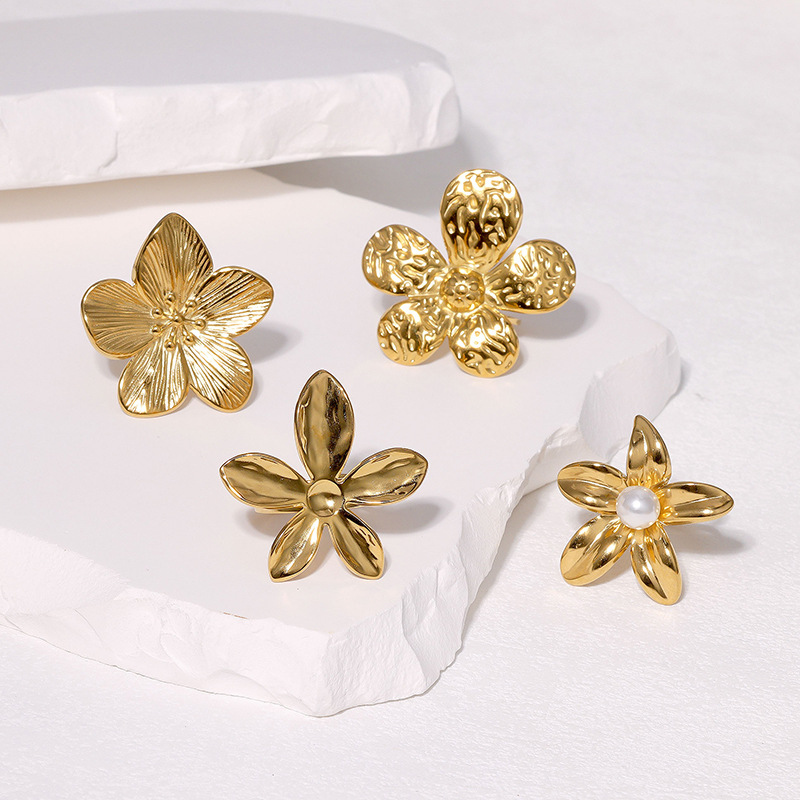 Exaggerated flower butterfly love geometric open stainless steel ring women