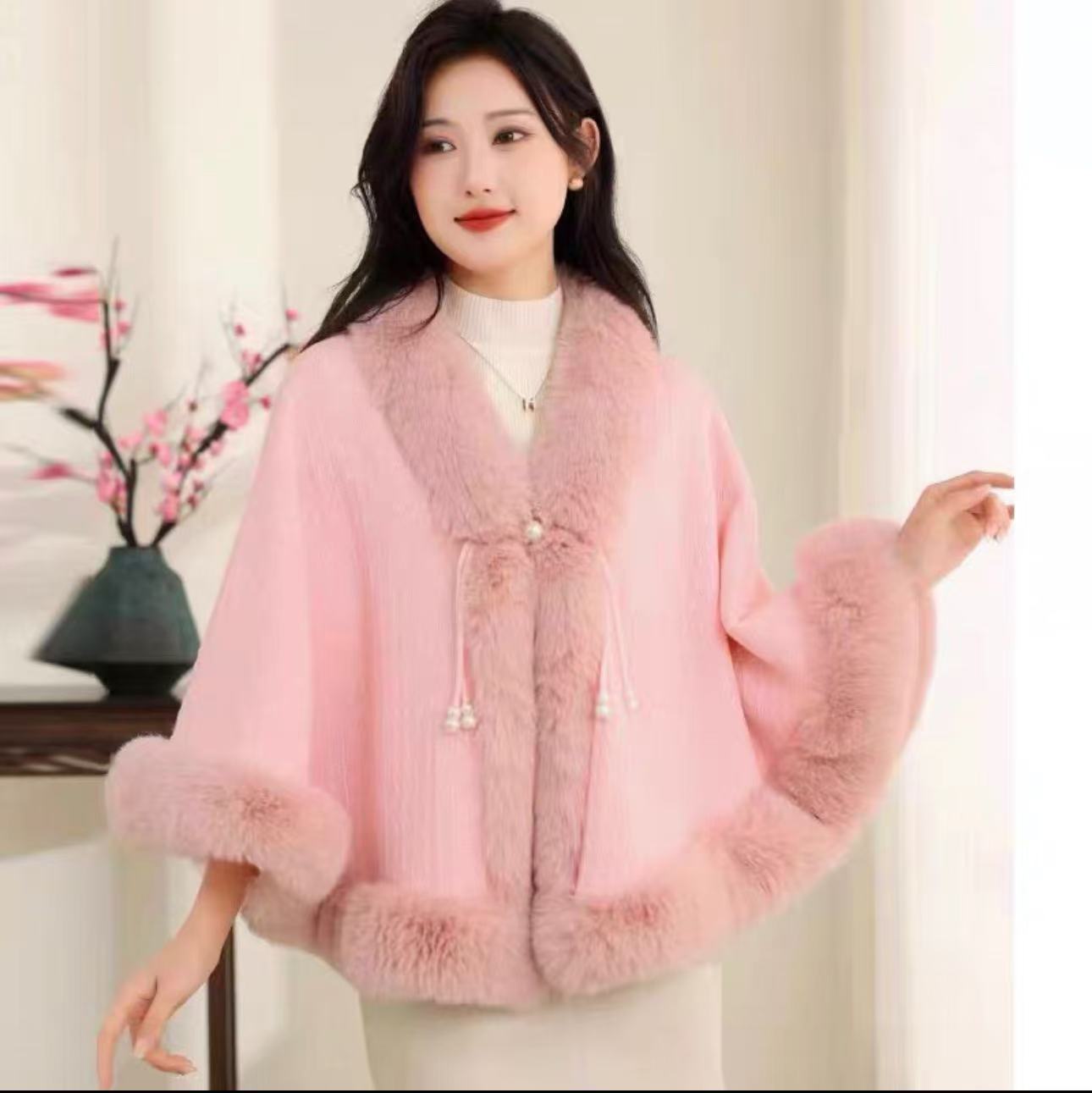 806# New Chinese Style Cheongsam Shawl Pearl Button Cape Thickened Season National Style Fur Collar Cape Shawl