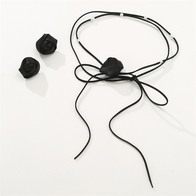 SZ0627 Denim Camellia Beaded Lace-up Necklace Earrings Set Women's Niche Choker Collarbone Chain