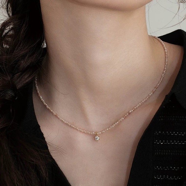 Yuanyou champagne zirconia moissanite necklace layered wear delicate bead simple collarbone chain