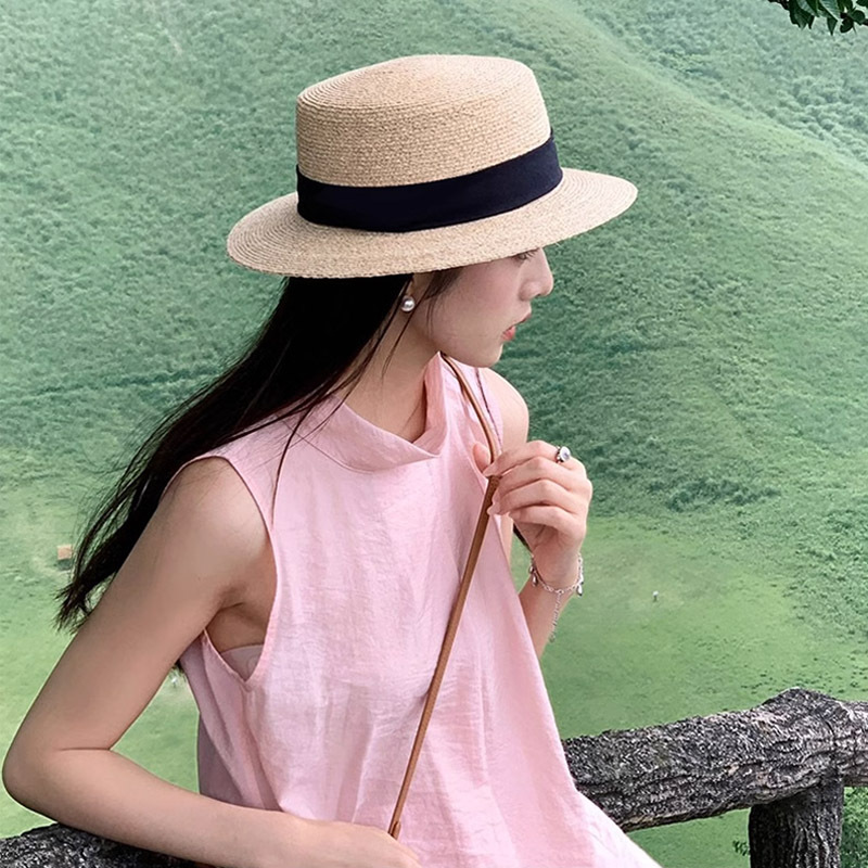 Flat Top Woven Straw Hat for Women, Sweet Beach Sun Protection Fisherman Hat, Wide Brim, Face Slimming Basin Hat