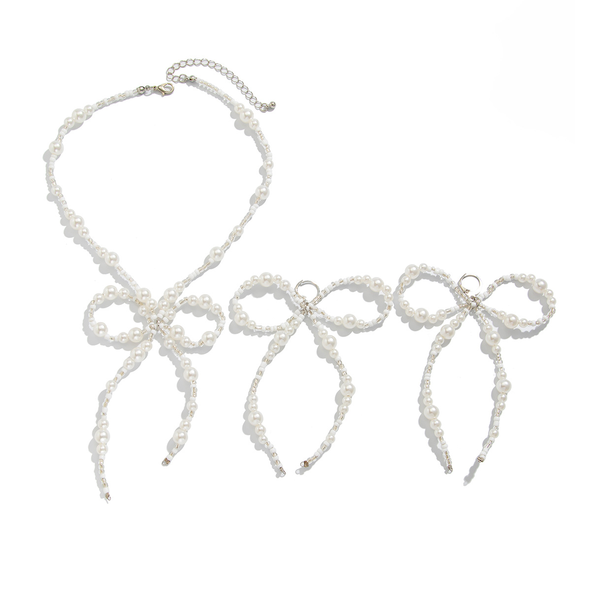 Accessories Size Pearl Earrings Simple Rice Bead Bow Earring Necklace Set