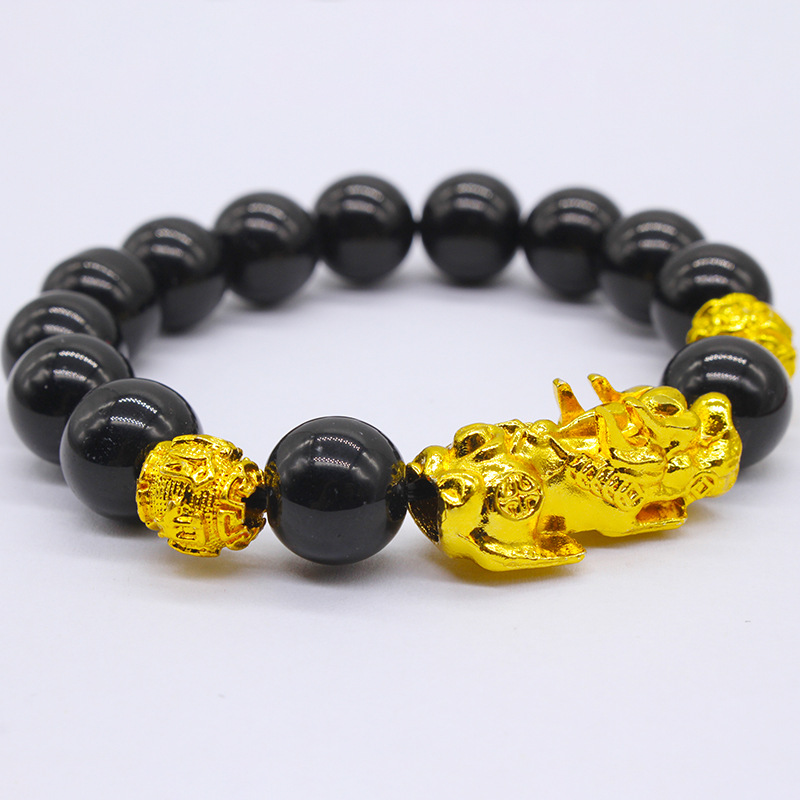 Ethnic style 12mm six-character mantra bracelet gold-plated Pi Xiu imitation obsidian large size men's leather ball bracelet