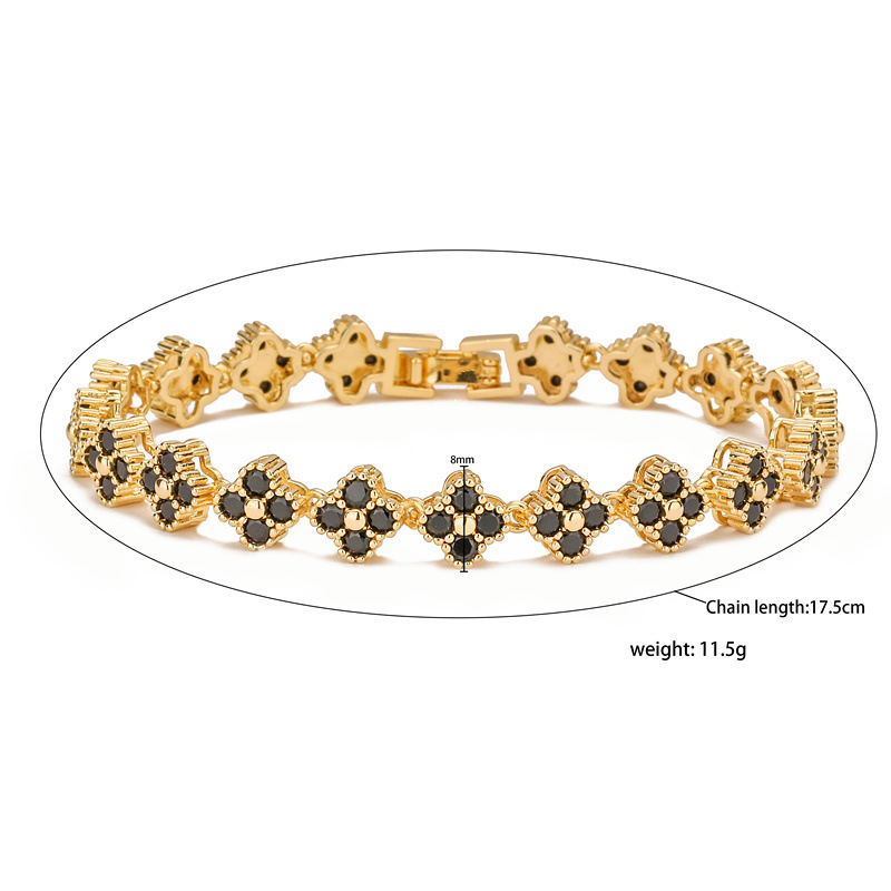 HECHENG Jewelry Copper Plated 18K Gold Inlaid Colorful Diamond Flower Bracelet, Necklace Sweet Four-Leaf Clover Jewelry Set