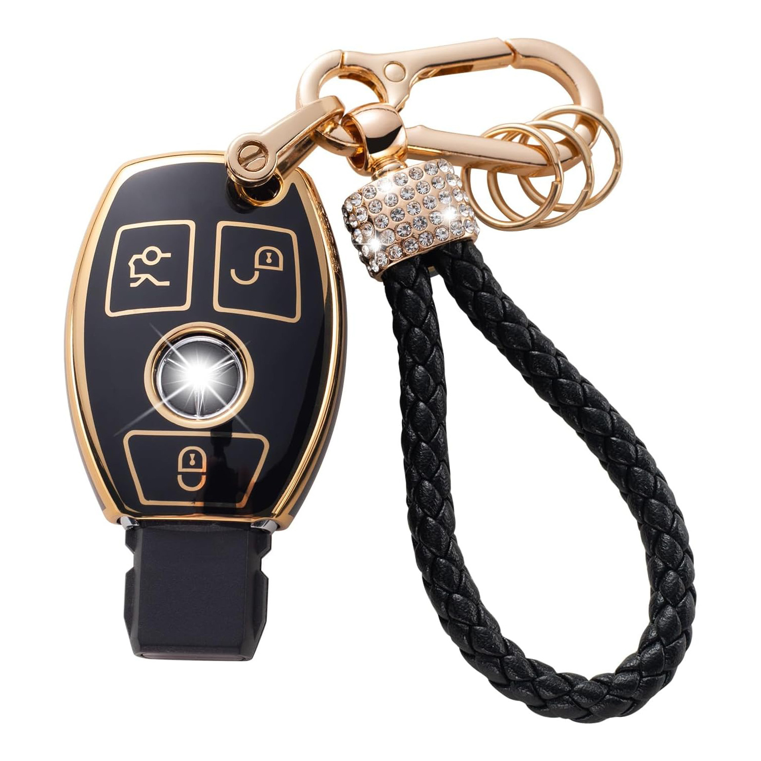 Gold Edge Black Key Car Key Bag Set Rhinestone Carabiner Pendant Keychain