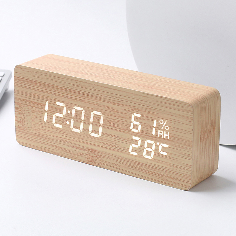 PVC Wooden Digital Alarm Clock Perpetual Calendar Temperature and Humidity Clock LED Triangular Electronic Clock Voice Control LED Wooden Clock