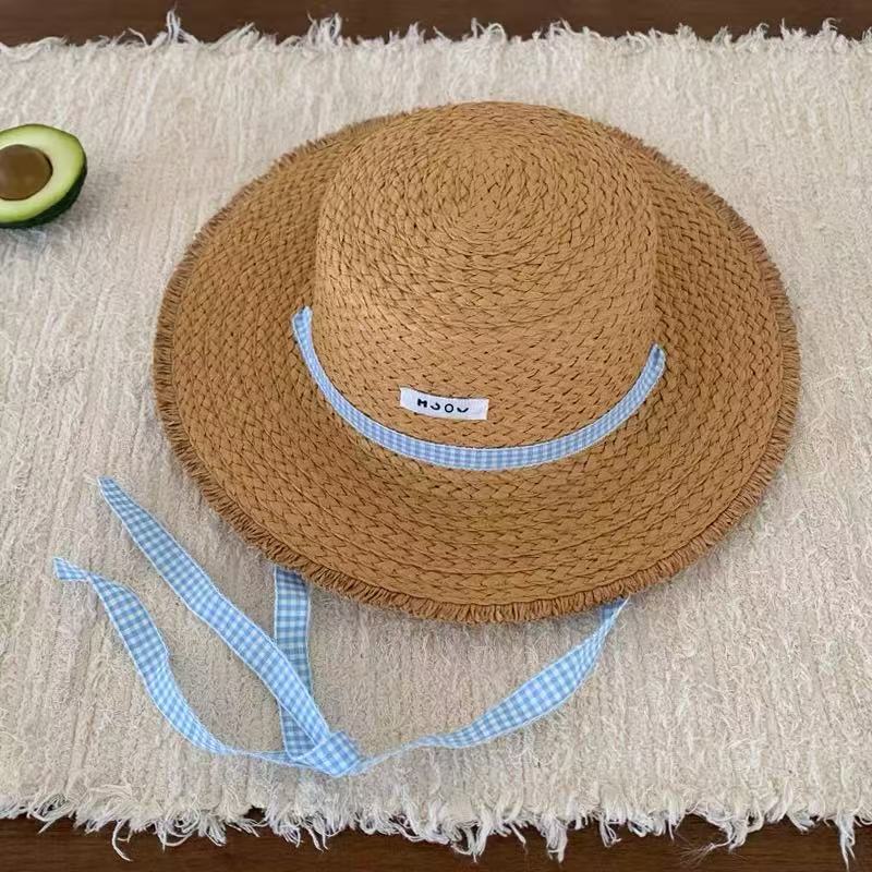 Flat Top Woven Straw Hat for Women, Sweet Beach Sun Protection Fisherman Hat, Wide Brim, Face Slimming Basin Hat
