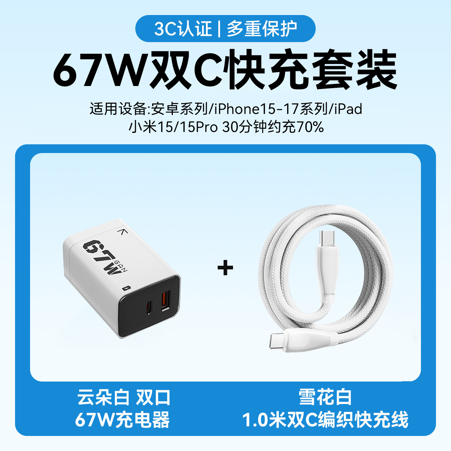 67W Fast Charger for Apple Huawei Xiaomi Android Phone Dual Port GaN Data Cable Set