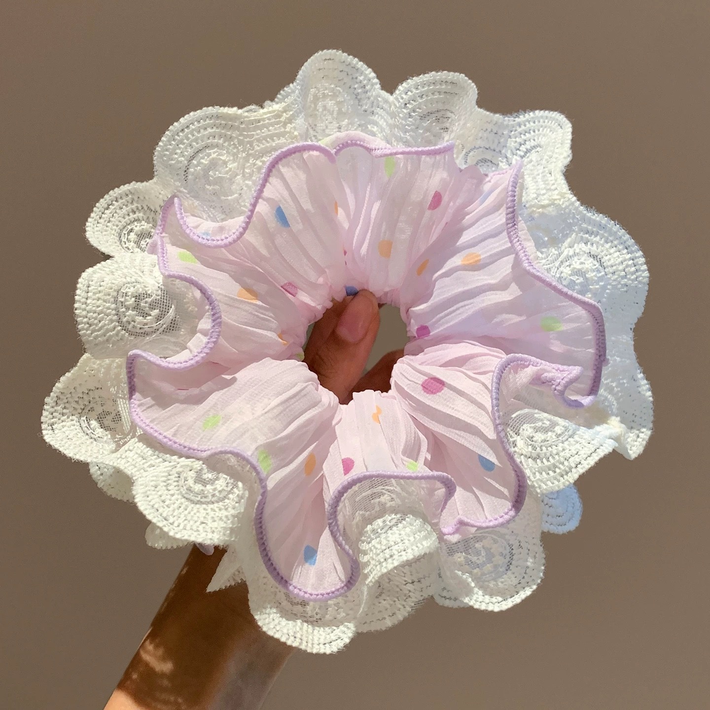 85#芋泥紫波点纱蕾丝边肌理感约16cm
