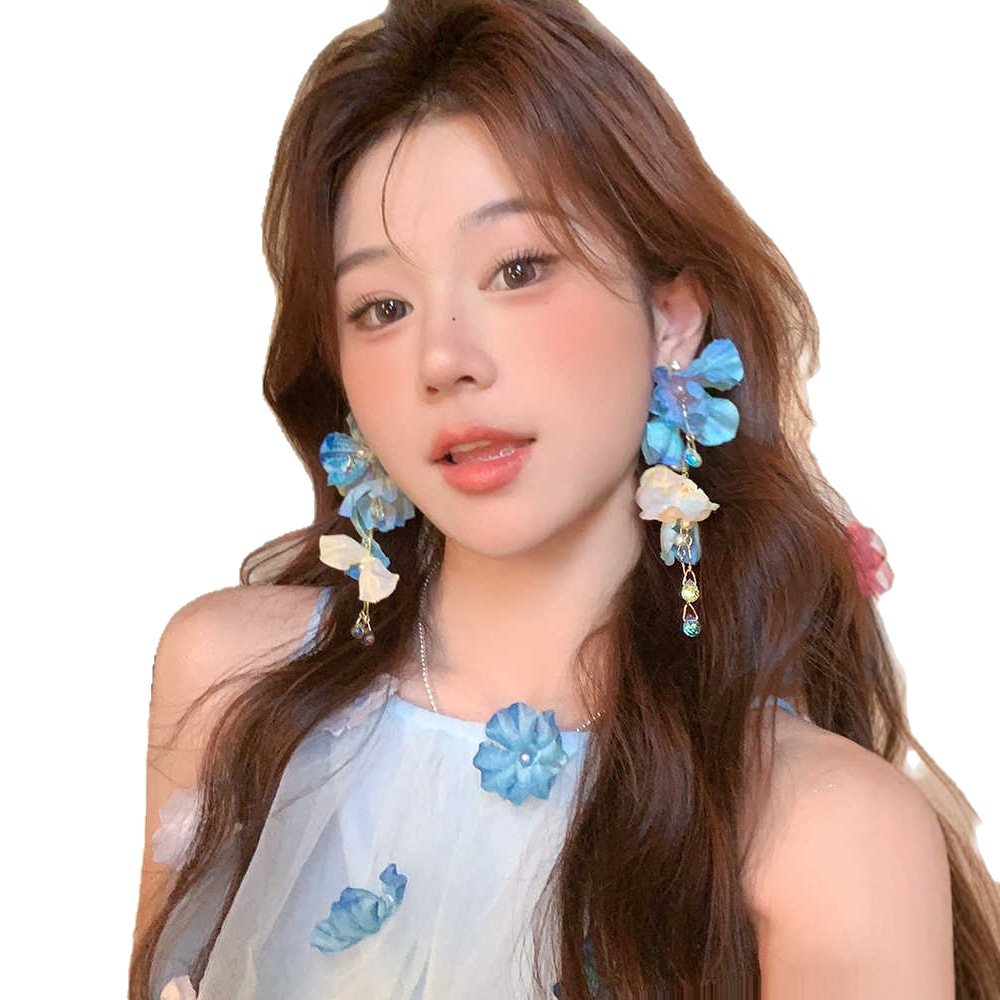 Blue Flower Tassel Earrings Women 2025 New Beach Vacation Style Earrings No Piercing Ear Cuffs