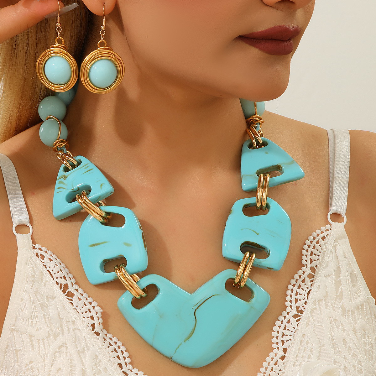 Resin imitation gemstone spliced necklace and earring set exaggerated accessories necklace women