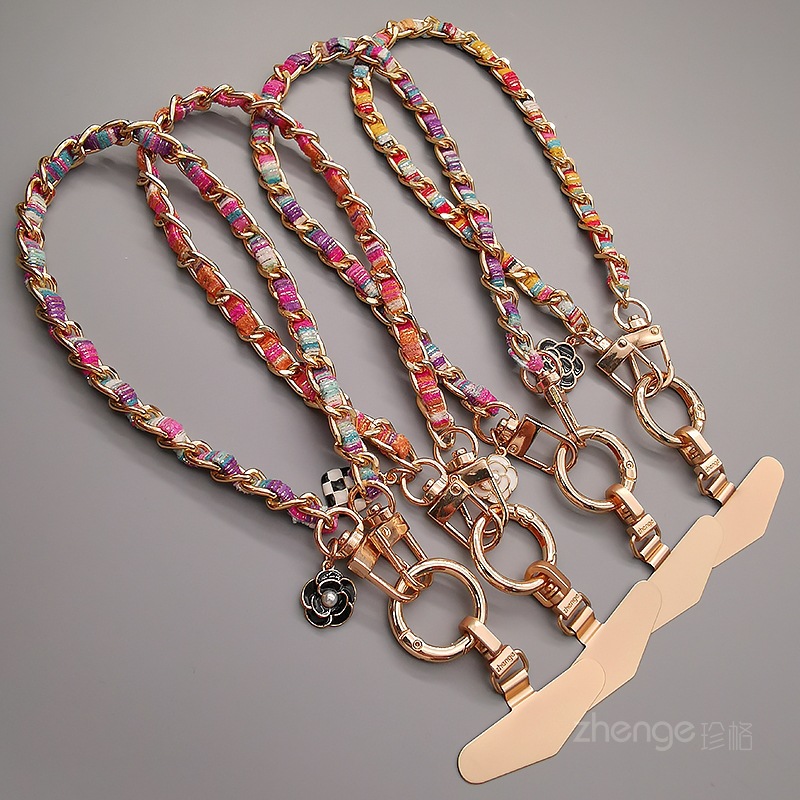 Mobile phone lanyard small fragrance camellia tag pendant phone chain wrist hanging decoration short metal chain
