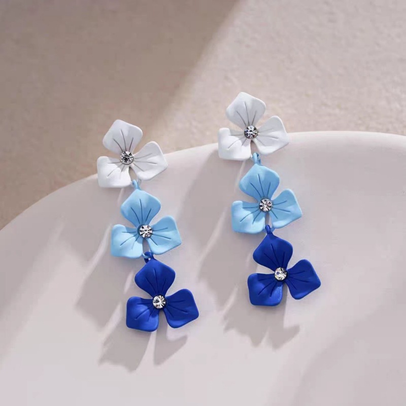 Gradient blue flower earrings women forest style super fairy long tassel 2025 ear accessories