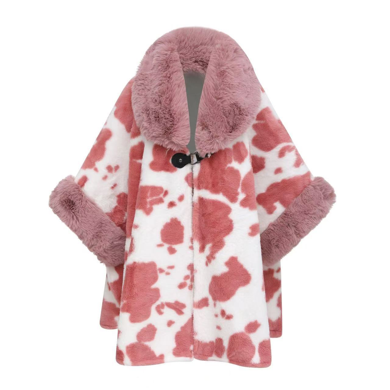0952# Autumn Winter New Shawl Plus Size Loose Large Fur Collar Fleece Lined Thickened Cape Shawl Printed Wool Coat