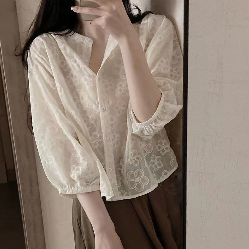 Salt-style Women's Blouse Embroidery Crochet Medium Sleeve Breathable Shirt Loose Top