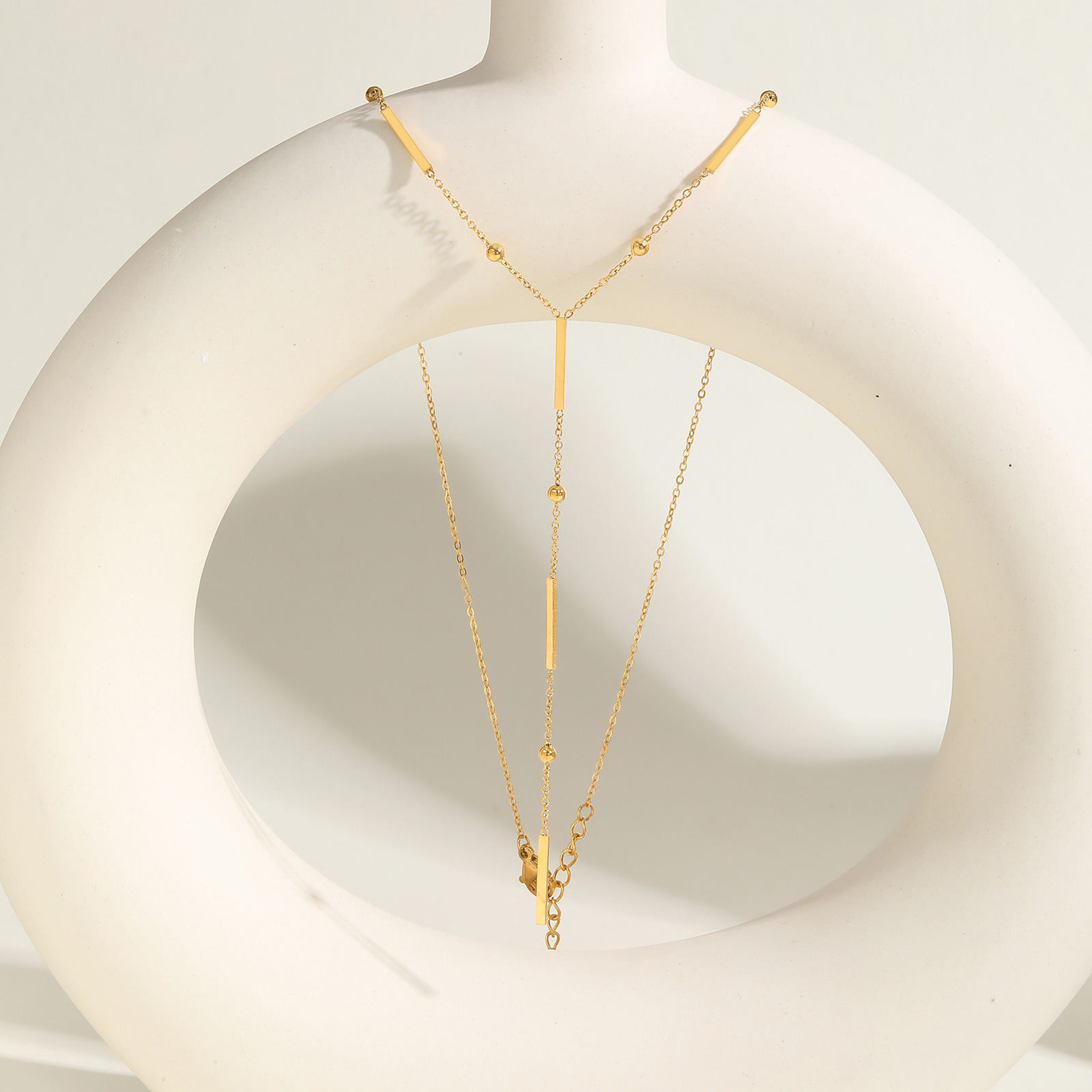 Huanmu Stainless Steel Women's Square Bar Spacer Collarbone Chain Y-Shape Tassel Necklace Gold Sweater Chain Summer